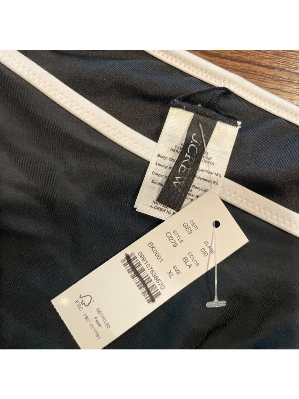NWT J.Crew String Bikini Bottom XL Black White Contrast-Trim Mid Rise Adjustable